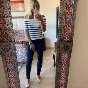 Club Monaco Size S Classic Striped Off-Shoulder Knit Top